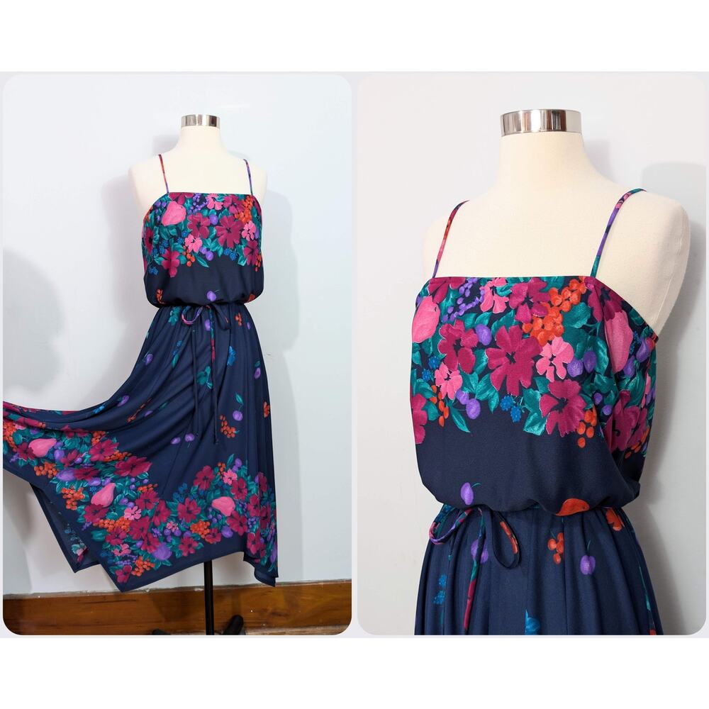70s Blue Floral Spaghetti Strap Dress with Berries